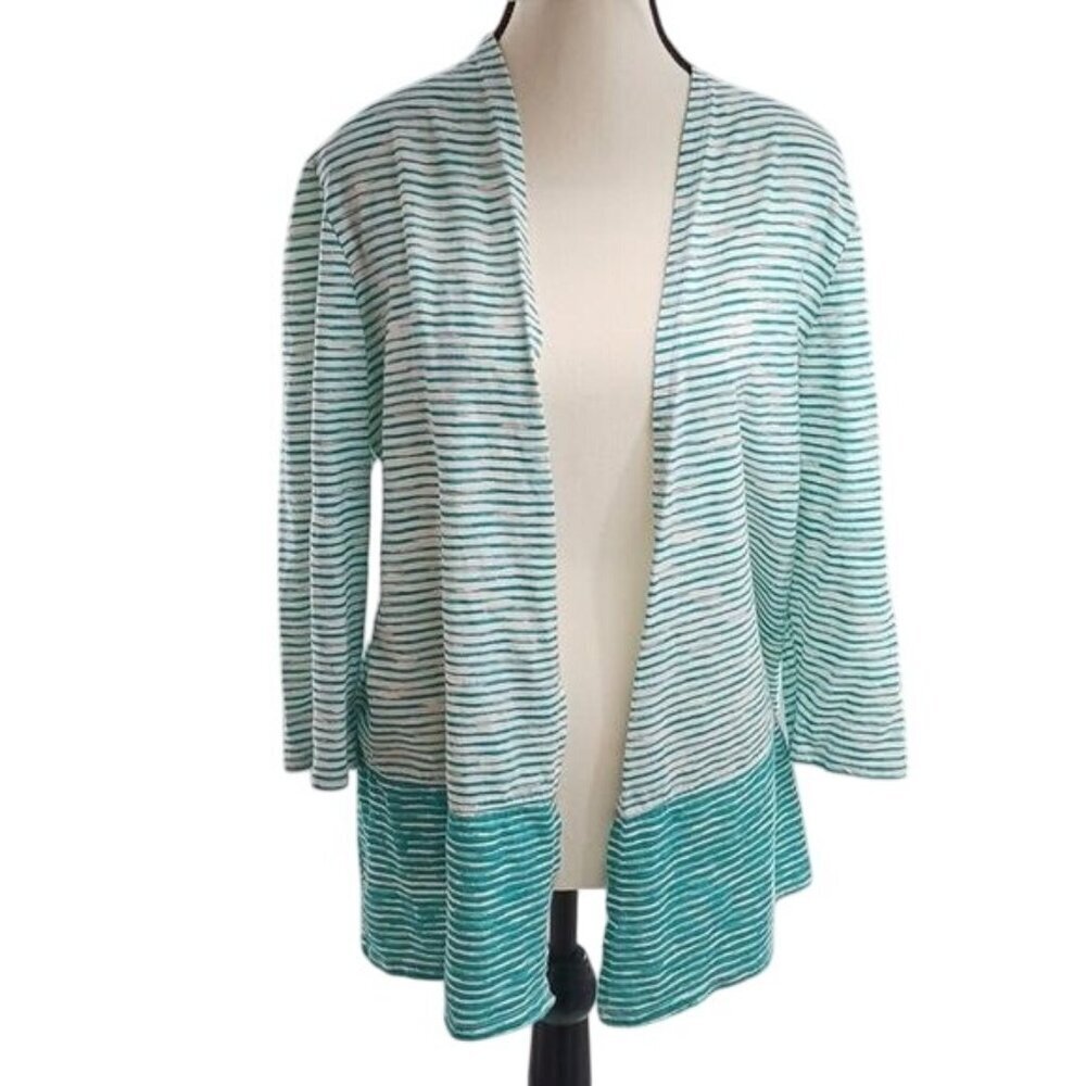 Chico's Womens Size M Open Front Cardigan Green White Striped Lightweight Knit